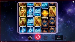Tampilan visual slot Celestial Revolutions dengan latar belakang kosmik dan simbol zodiak yang berkilauan.