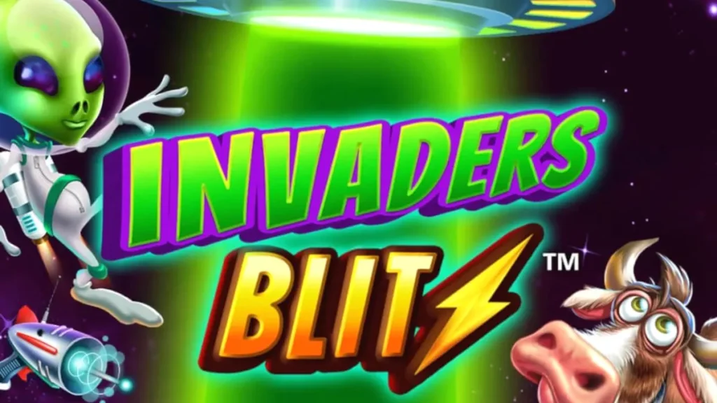 Tampilan visual slot Invaders Blitz dengan tema alien dan sapi luar angkasa.