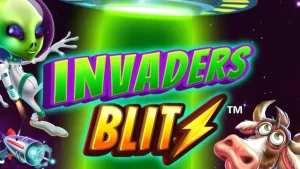 Tampilan visual slot Invaders Blitz dengan tema alien dan sapi luar angkasa.