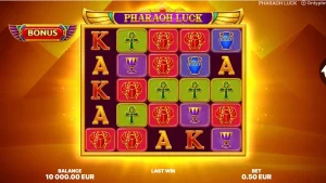 Tampilan visual slot Pharaoh Luck dengan latar belakang piramida dan simbol artefak kuno.