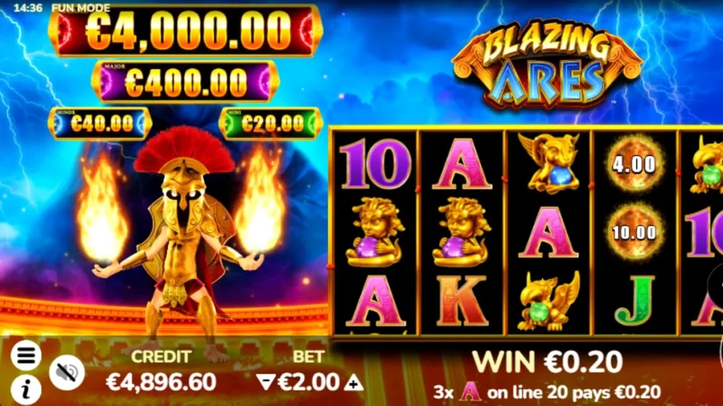 Tampilan visual slot Blazing Ares dengan tema dewa perang Yunani