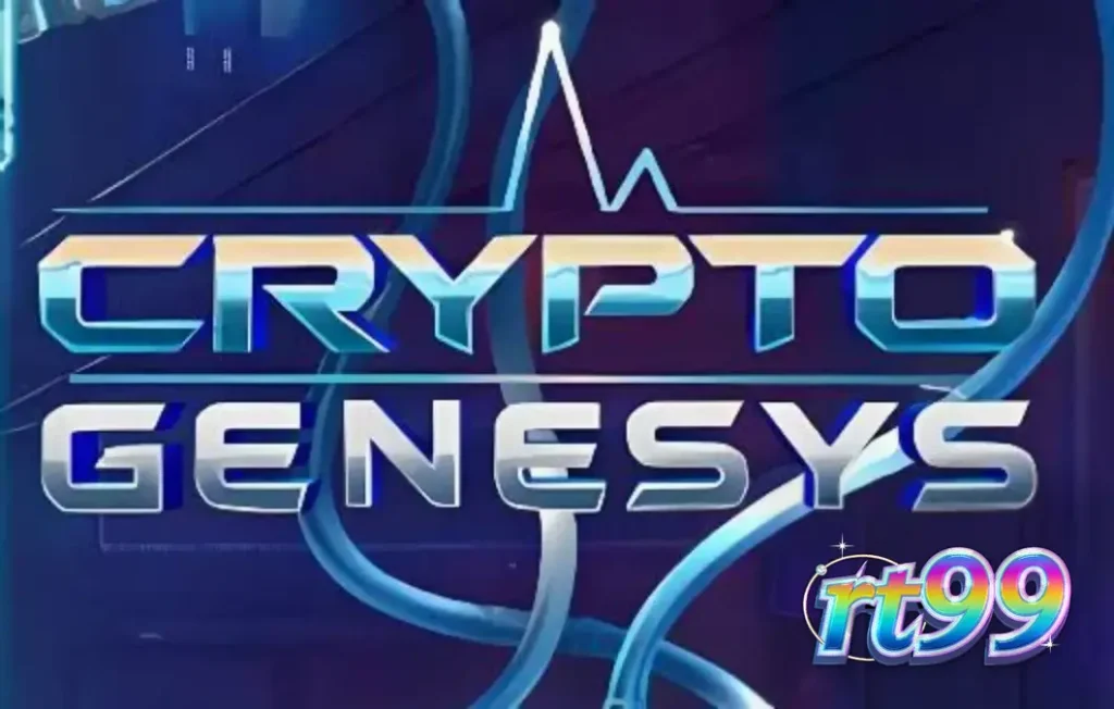 Tampilan visual futuristik dan neon dari slot Crypto Genesys dengan latar belakang kota cyberpunk.